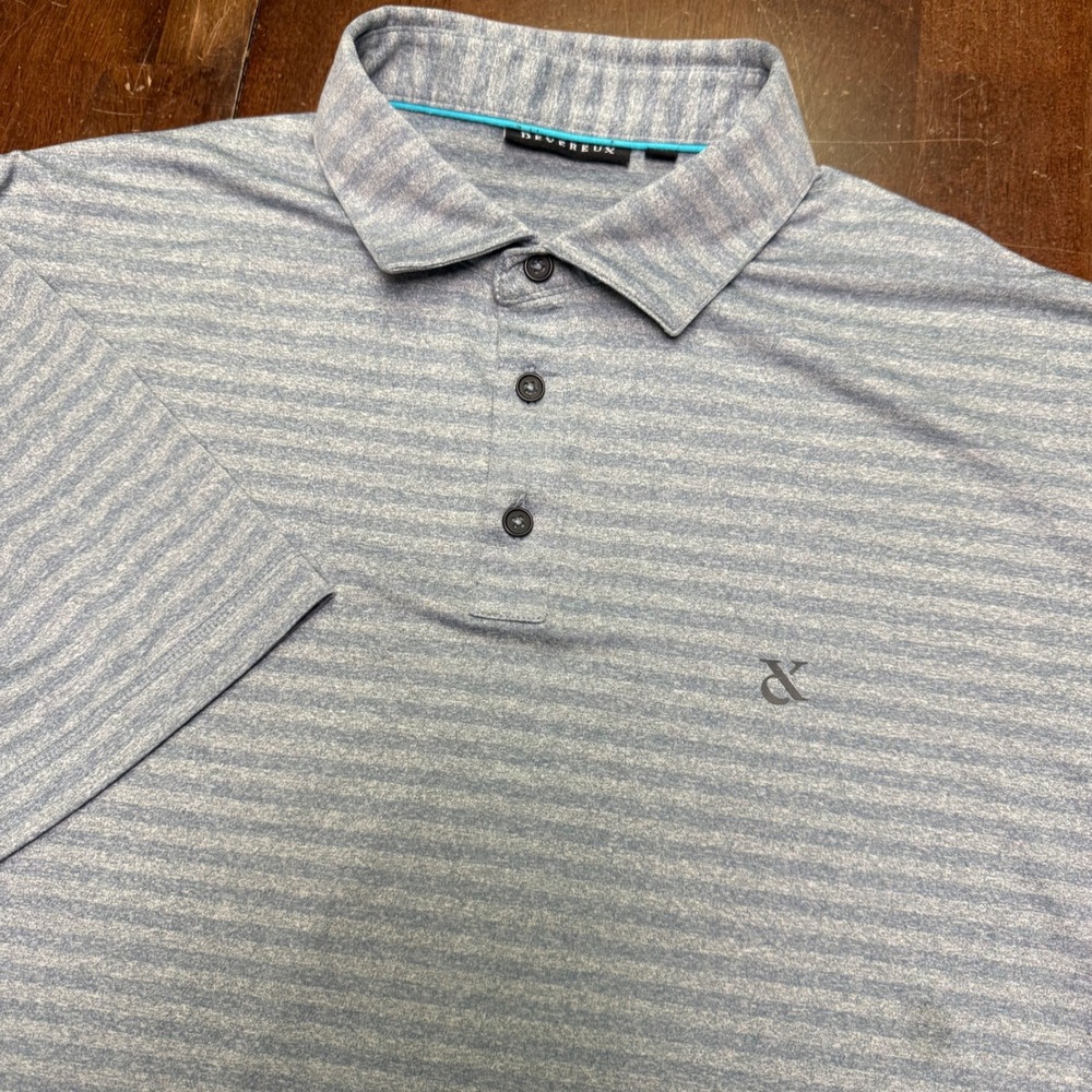 Devereux‎ Polo Shirt Mens Large Blue Striped Performance Short Sleeve Golf Tee